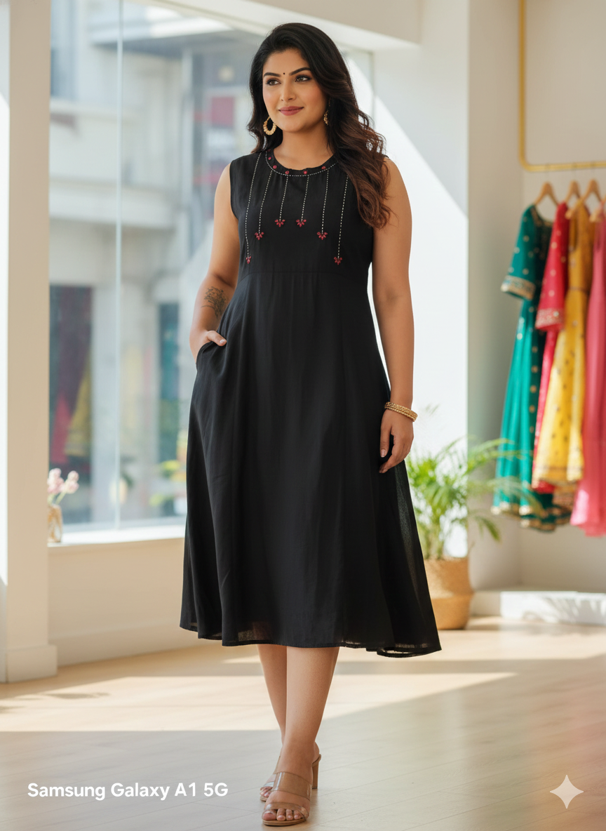 Black Cotton Sleeveless Kurti for Women with Pink Embroidered Yoke | A-Line Casual & Festive Wear