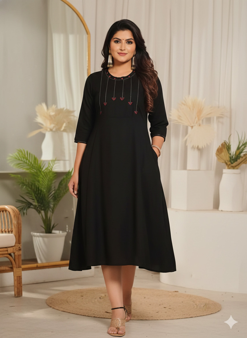 Black Cotton Sleeveless Kurti for Women with Pink Embroidered Yoke | A-Line Casual & Festive Wear