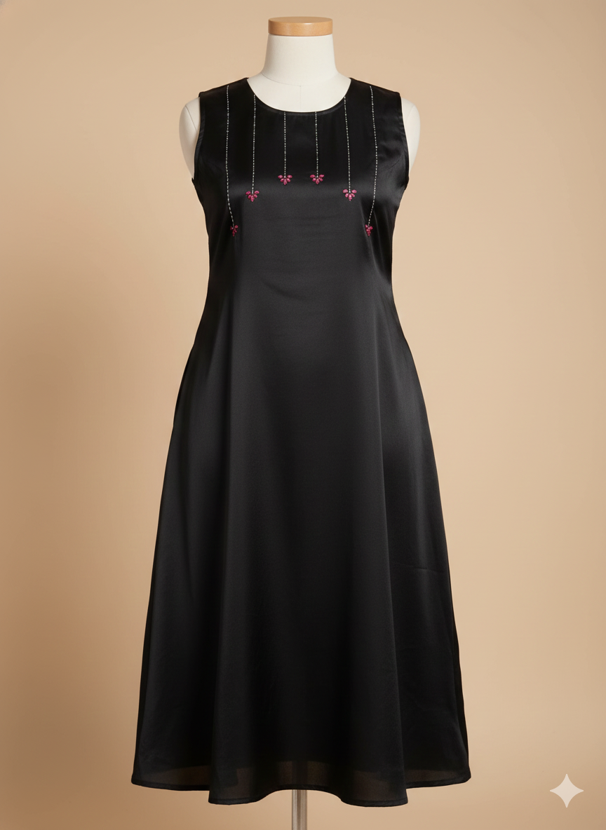 Black Cotton Sleeveless Kurti for Women with Pink Embroidered Yoke | A-Line Casual & Festive Wear