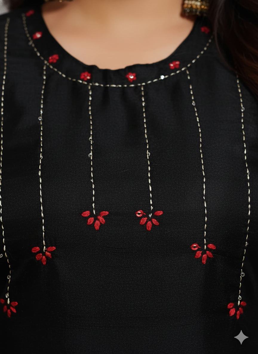 Black Cotton Sleeveless Kurti for Women with Pink Embroidered Yoke | A-Line Casual & Festive Wear