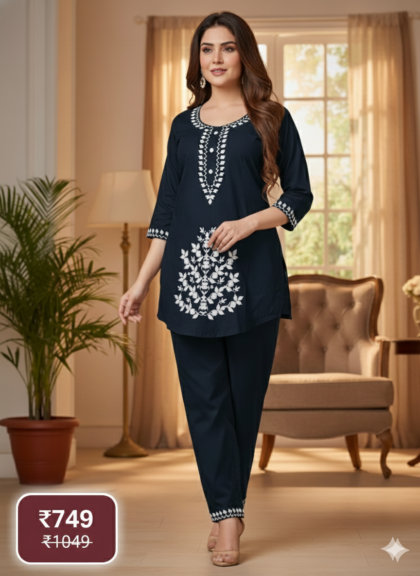 Elegant Black Embroidered Long Cord Set for Women | Premium Cotton Co-Ord Outfit