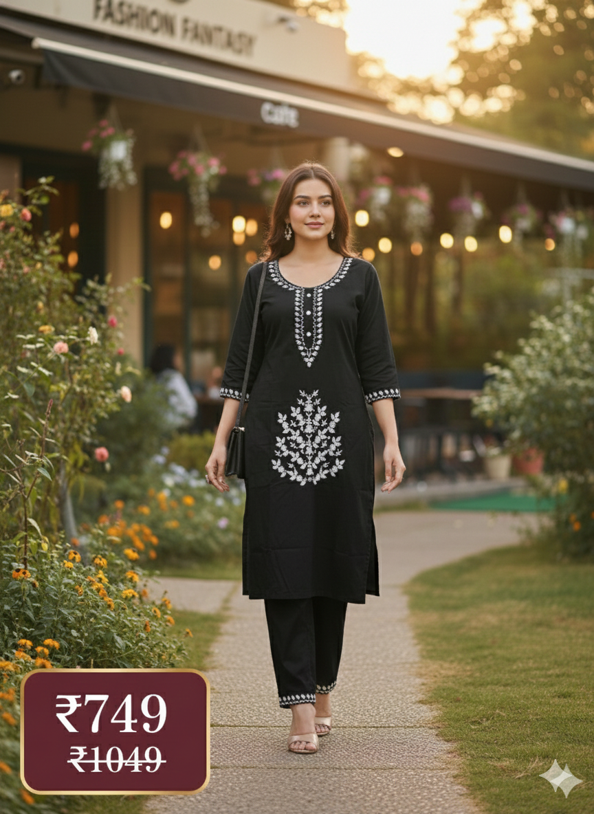 Elegant Black Embroidered Long Cord Set for Women | Premium Cotton Co-Ord Outfit