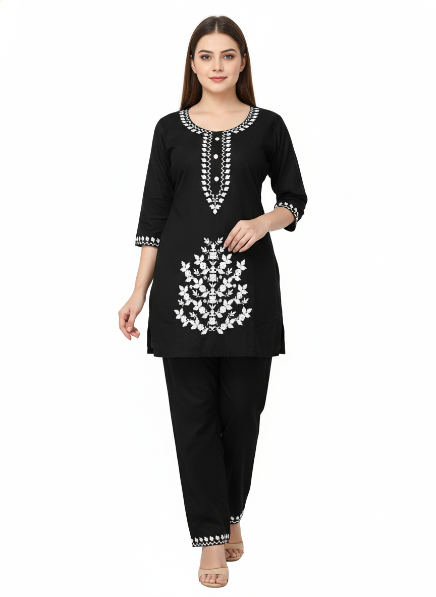 Elegant Black Embroidered Long Cord Set for Women | Premium Cotton Co-Ord Outfit