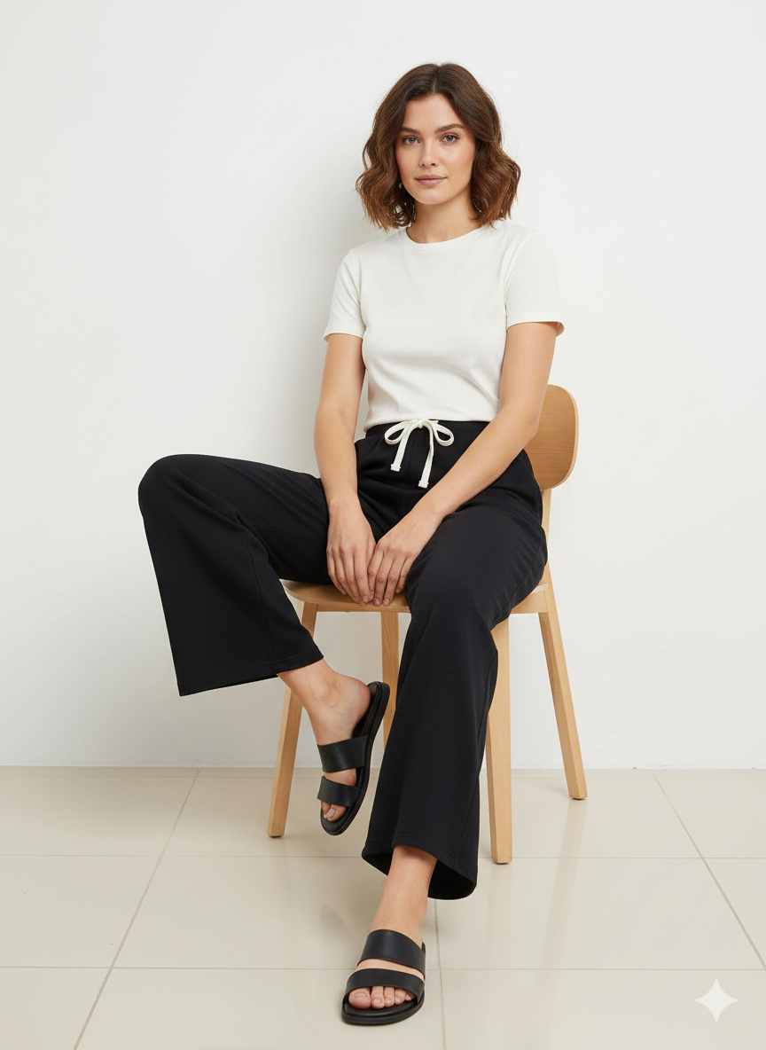 Women’s Black Wide-Leg Lounge Pants – High-Waist, Soft Stretchy Comfort Wear with Drawstring