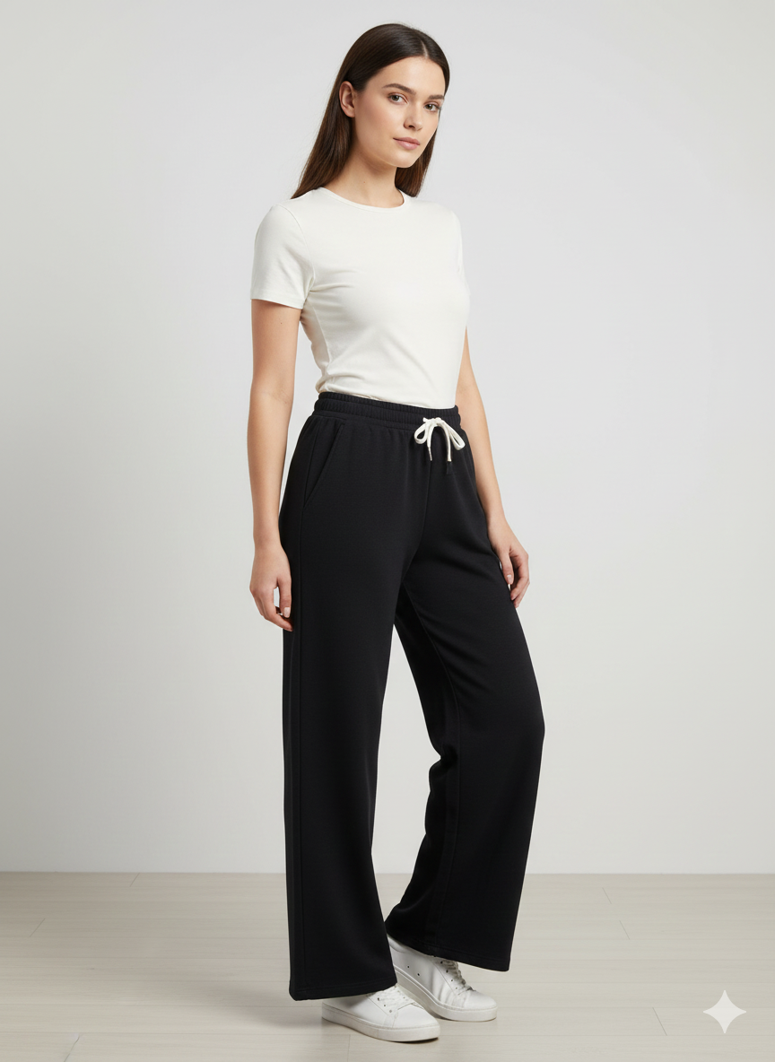 Women’s Black Wide-Leg Lounge Pants – High-Waist, Soft Stretchy Comfort Wear with Drawstring