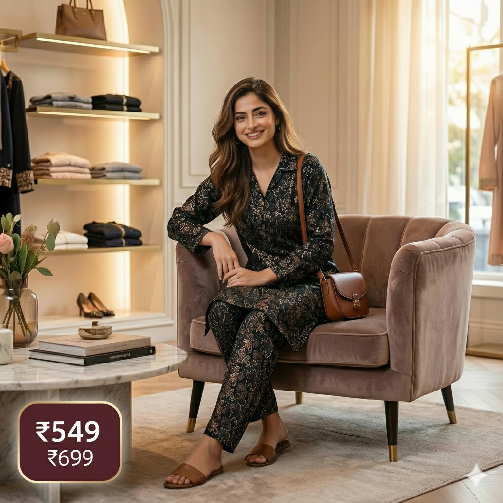 Black Printed Cotton Co-ord Set for Women | Stylish Daily Wear Kurta & Pant Set