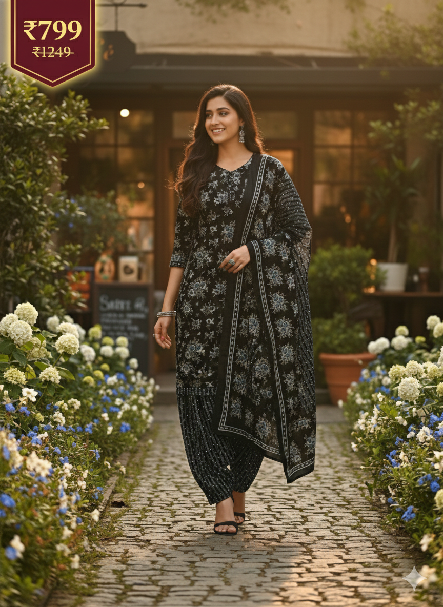 Black Floral Printed Patiala Suit for Women – Premium 3-Piece Kurta, Patiala Pant & Dupatta Set