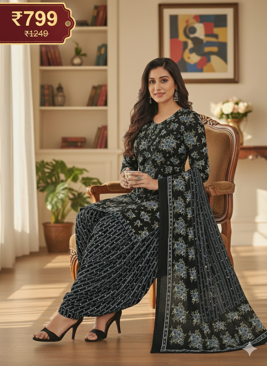 Black Floral Printed Patiala Suit for Women – Premium 3-Piece Kurta, Patiala Pant & Dupatta Set