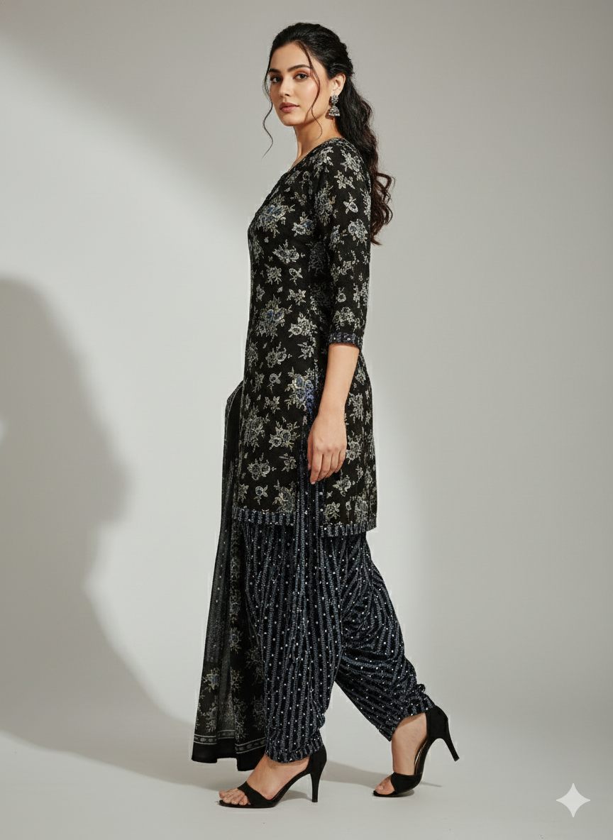 Black Floral Printed Patiala Suit for Women – Premium 3-Piece Kurta, Patiala Pant & Dupatta Set
