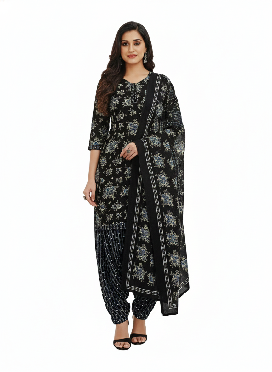 Black Floral Printed Patiala Suit for Women – Premium 3-Piece Kurta, Patiala Pant & Dupatta Set