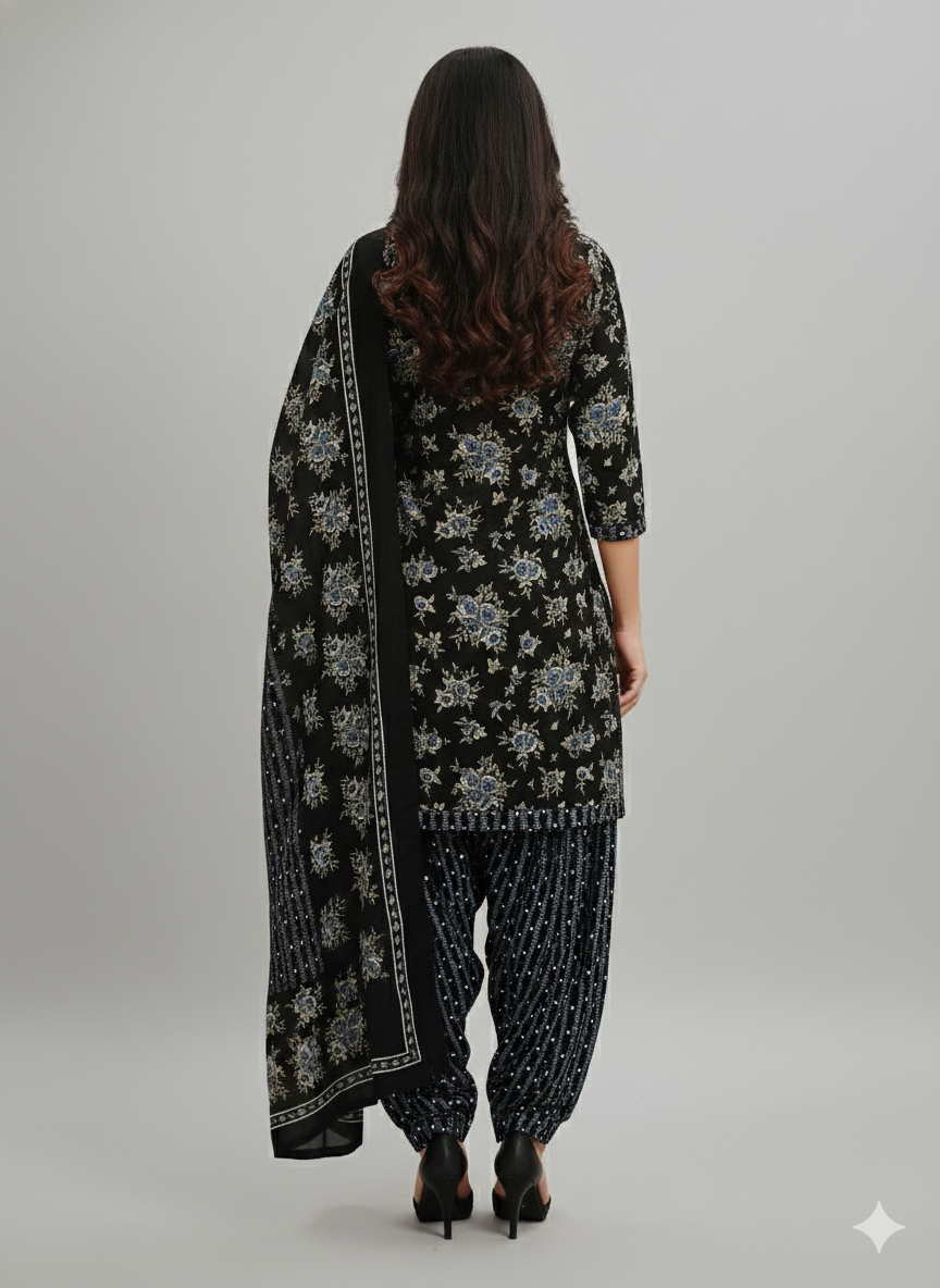 Black Floral Printed Patiala Suit for Women – Premium 3-Piece Kurta, Patiala Pant & Dupatta Set