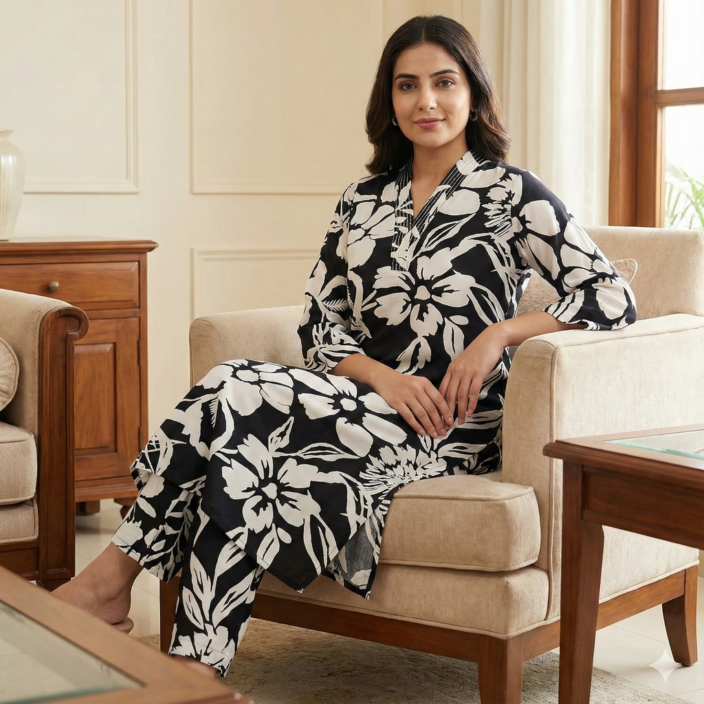 Black & White Floral Printed Cotton Kurta & Pant Set for Women – Elegant 2-Piece Co-ord