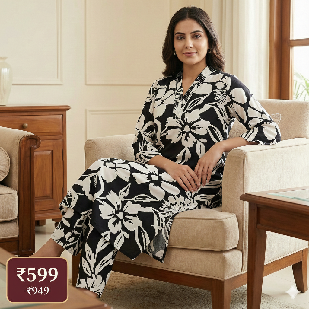 Black & White Floral Printed Cotton Kurta & Pant Set for Women – Elegant 2-Piece Co-ord