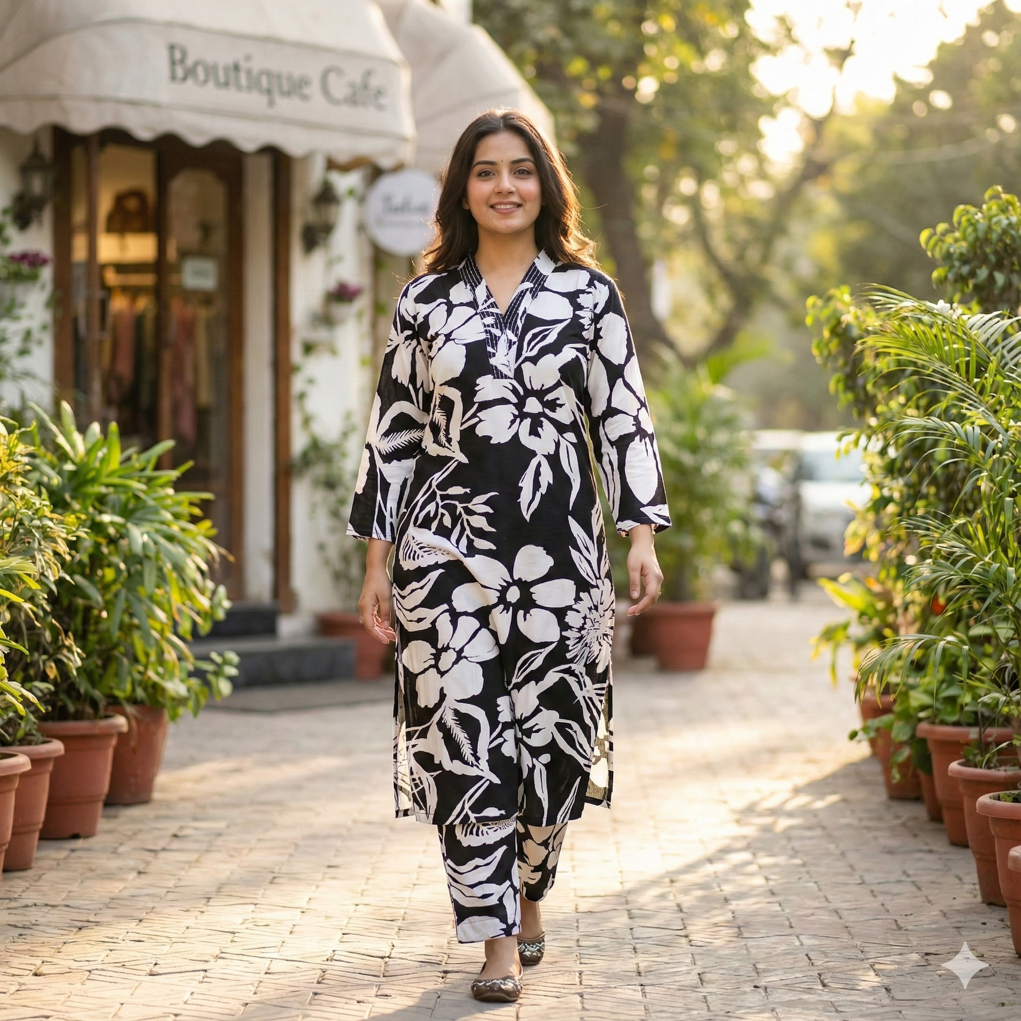 Black & White Floral Printed Cotton Kurta & Pant Set for Women – Elegant 2-Piece Co-ord