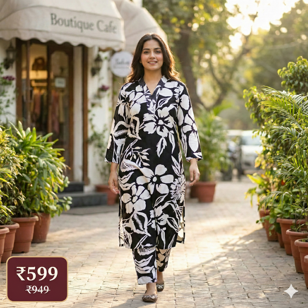 Black & White Floral Printed Cotton Kurta & Pant Set for Women – Elegant 2-Piece Co-ord