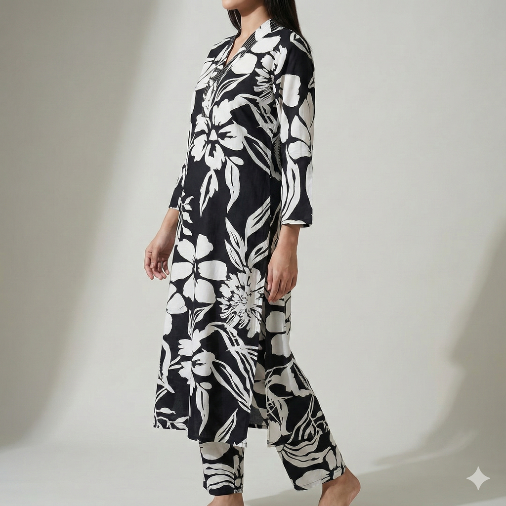 Black & White Floral Printed Cotton Kurta & Pant Set for Women – Elegant 2-Piece Co-ord