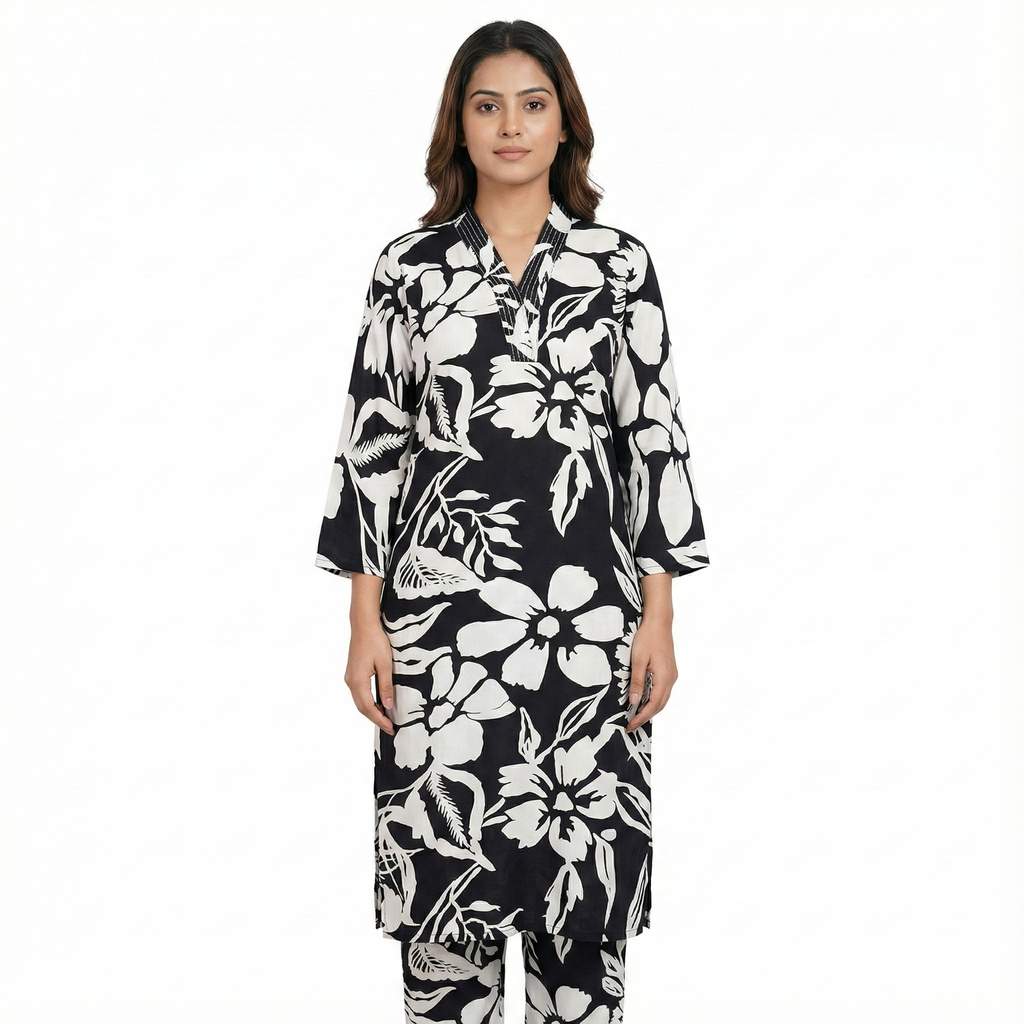 Black & White Floral Printed Cotton Kurta & Pant Set for Women – Elegant 2-Piece Co-ord