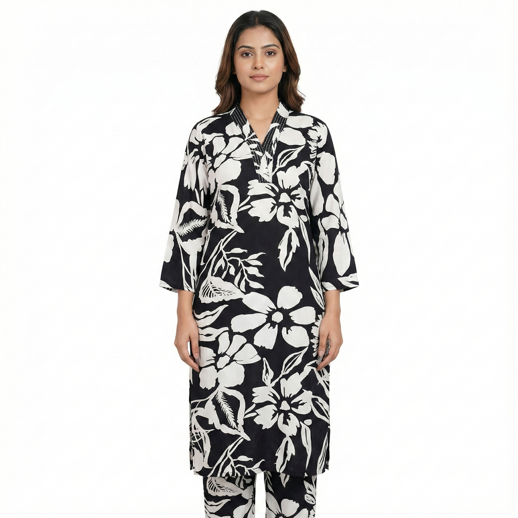 Black & White Floral Printed Cotton Kurta & Pant Set for Women – Elegant 2-Piece Co-ord