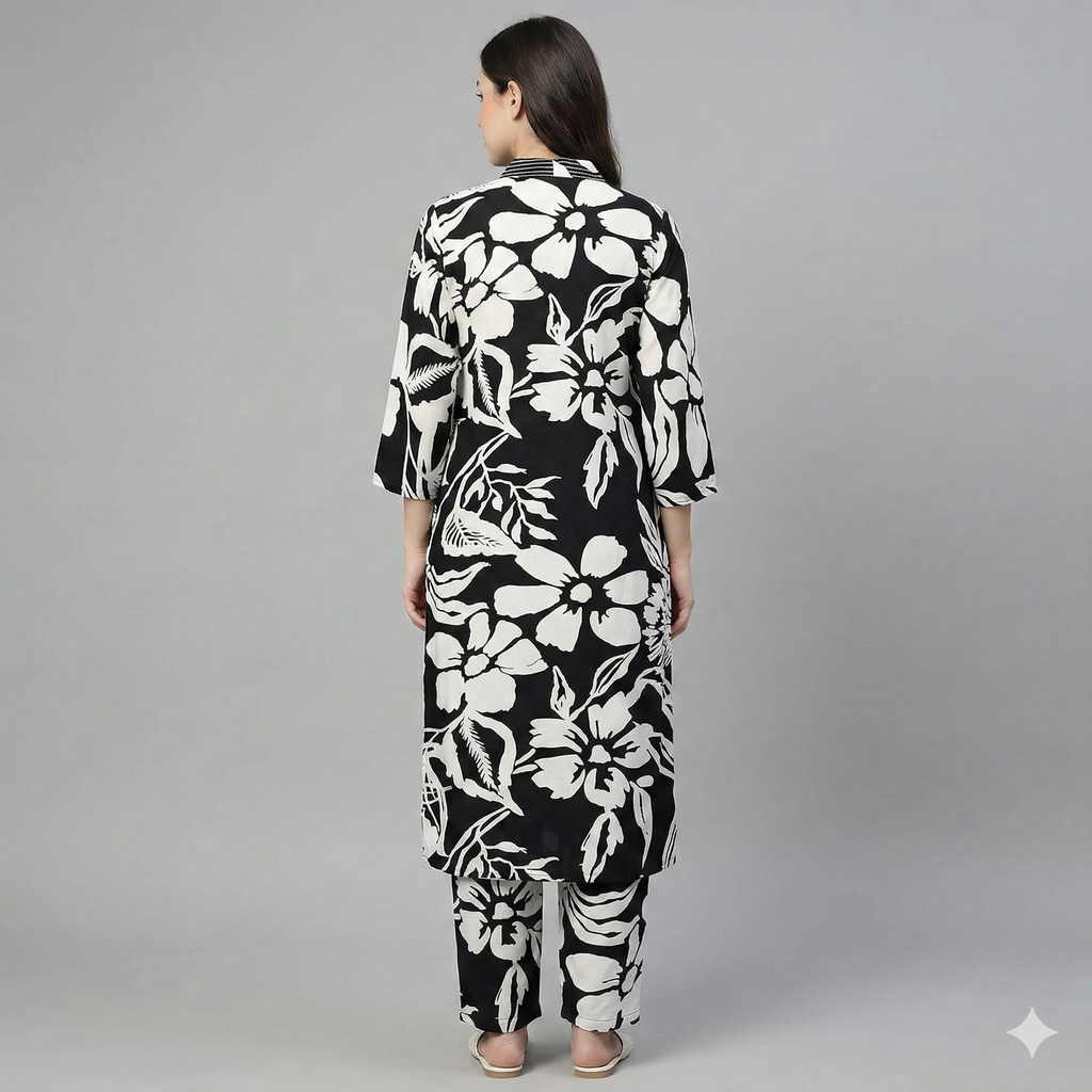 Black & White Floral Printed Cotton Kurta & Pant Set for Women – Elegant 2-Piece Co-ord