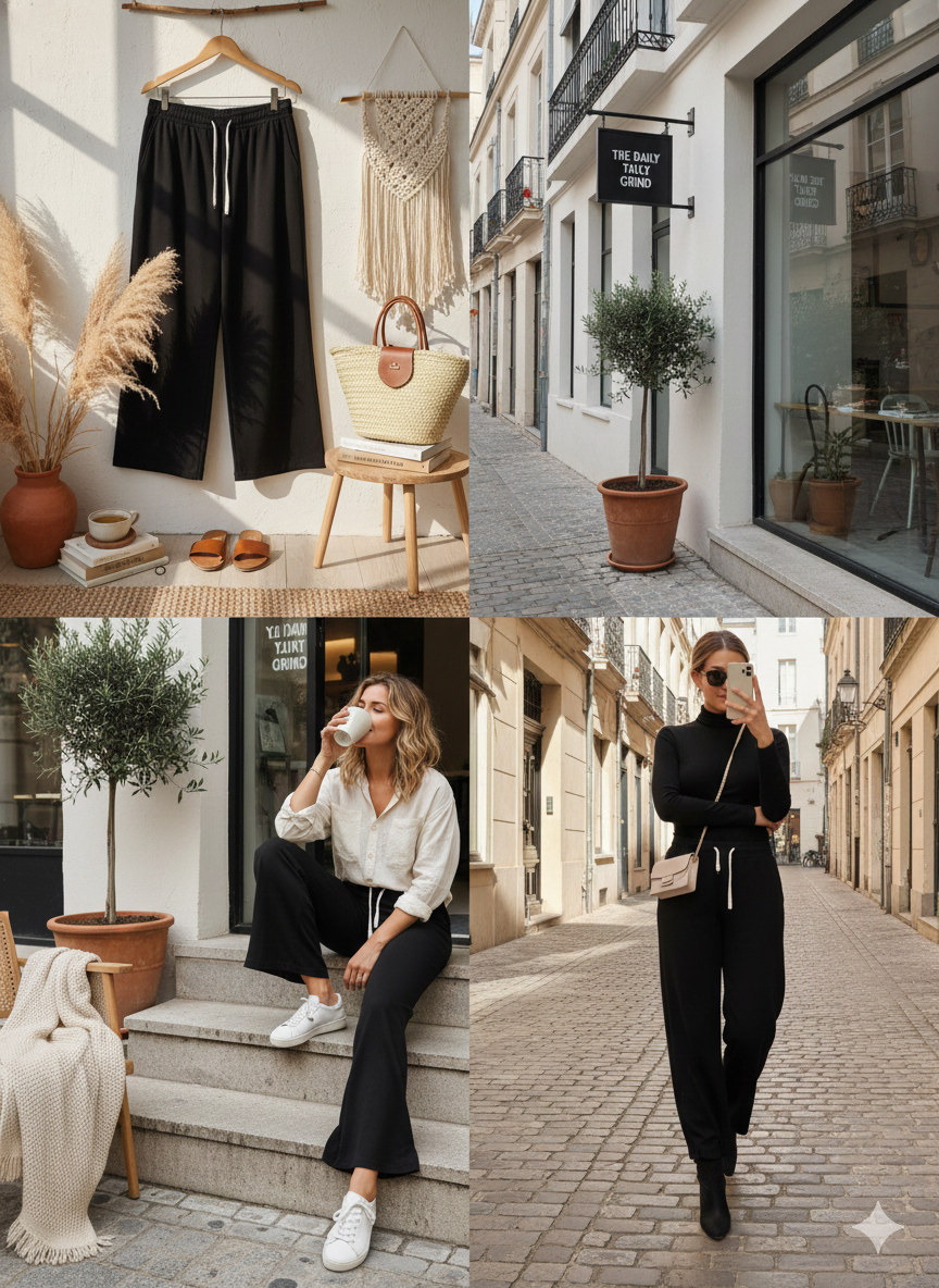 Women’s Black Wide-Leg Drawstring Lounge Pants | Comfortable High-Waist Relaxed Fit Bottoms