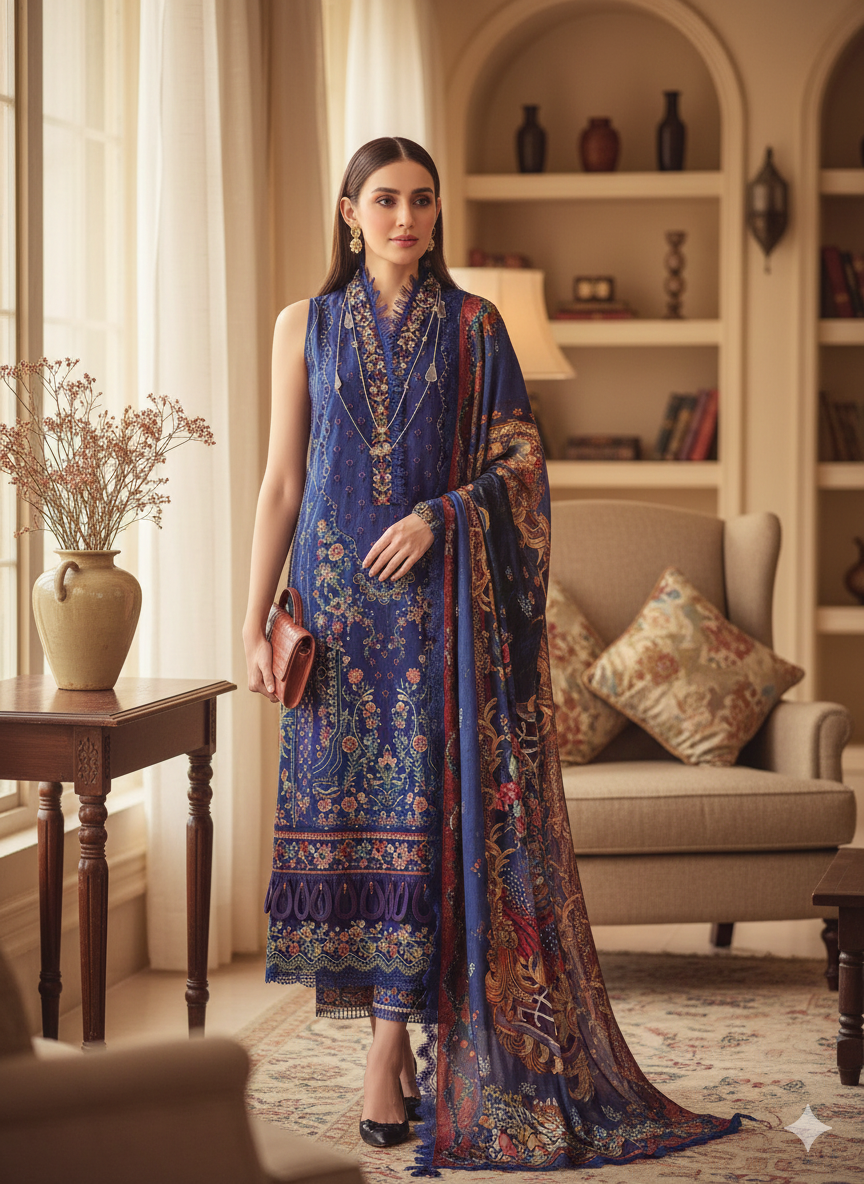 Luxurious Blue Embroidered 3 Piece Suit | Women's Designer Salwar Kameez with Dupatta