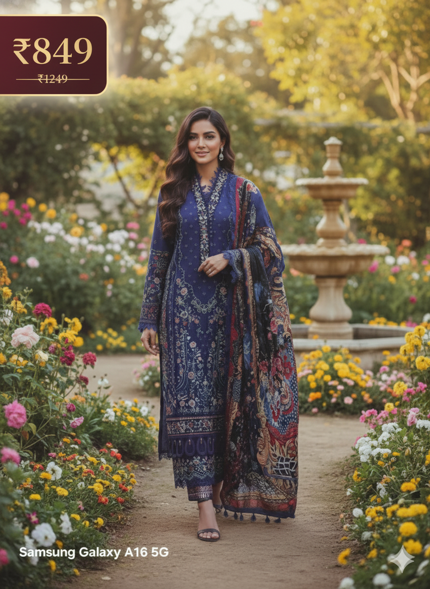 Luxurious Blue Embroidered 3 Piece Suit | Women's Designer Salwar Kameez with Dupatta