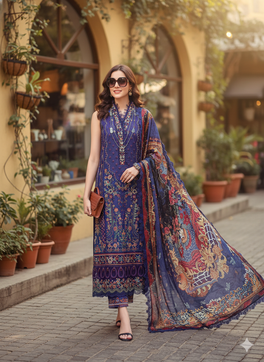 Luxurious Blue Embroidered 3 Piece Suit | Women's Designer Salwar Kameez with Dupatta