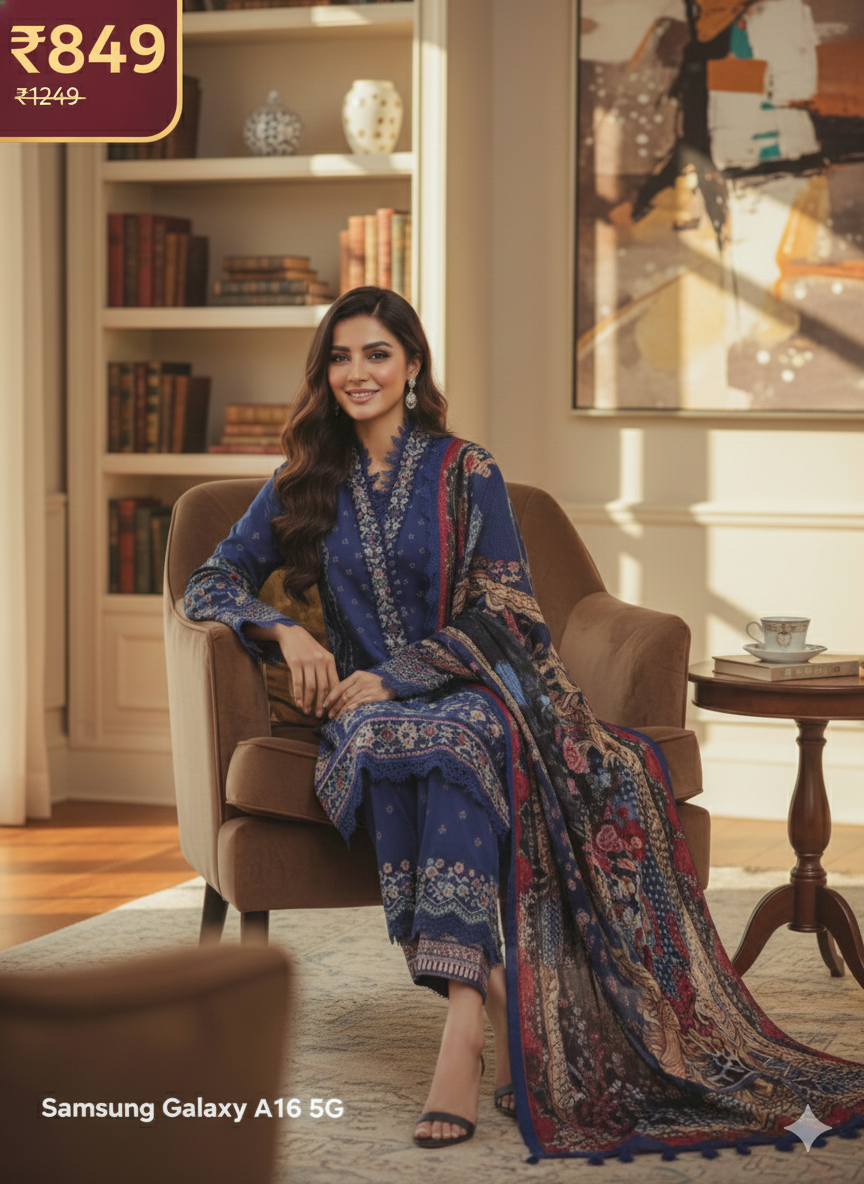 Luxurious Blue Embroidered 3 Piece Suit | Women's Designer Salwar Kameez with Dupatta