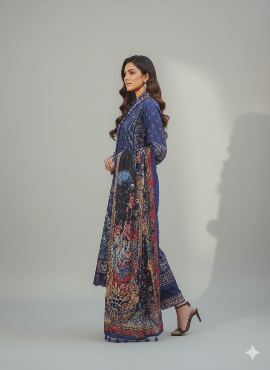 Luxurious Blue Embroidered 3 Piece Suit | Women's Designer Salwar Kameez with Dupatta