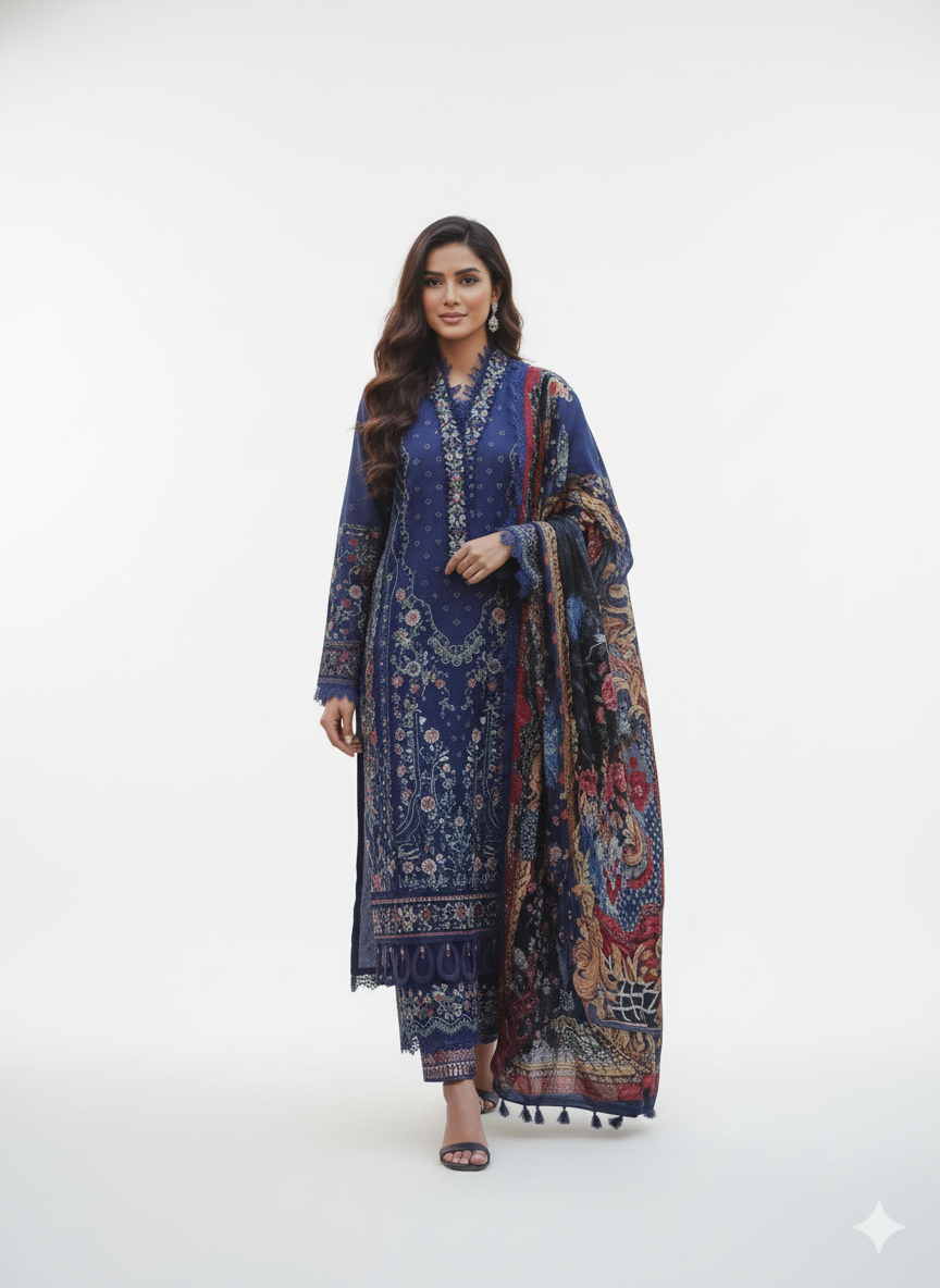 Luxurious Blue Embroidered 3 Piece Suit | Women's Designer Salwar Kameez with Dupatta
