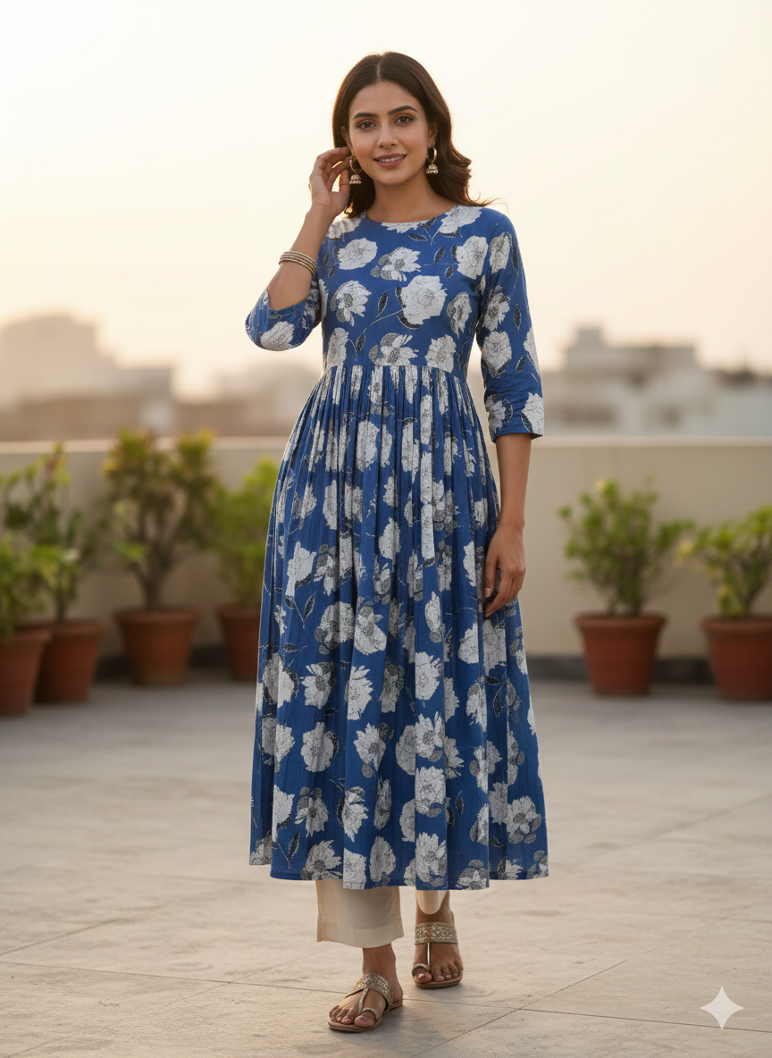Royal Blue Floral Printed Anarkali Kurti with Embroidered Yoke – Cotton Flared Long Kurta for Women