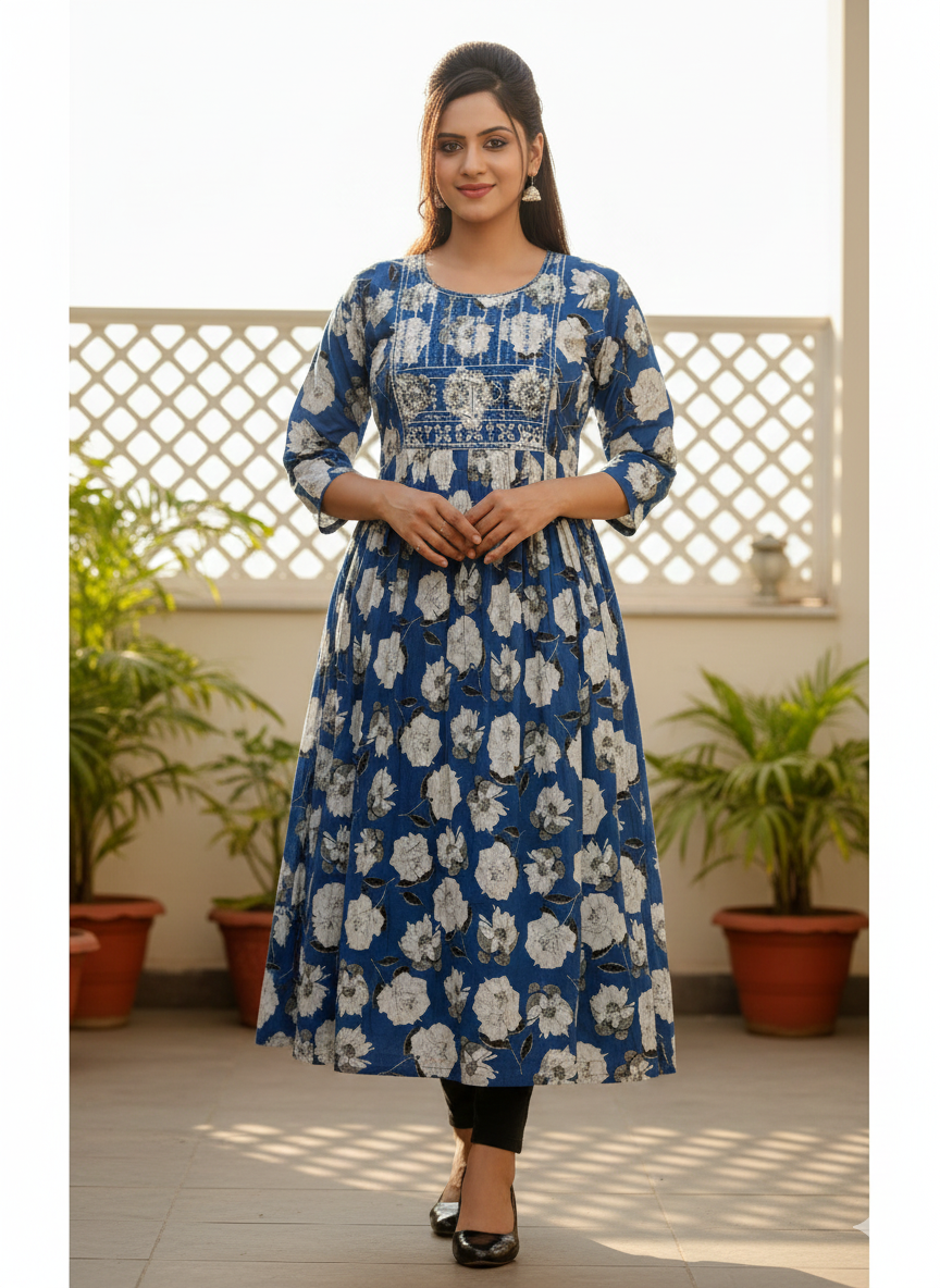 Royal Blue Floral Printed Anarkali Kurti with Embroidered Yoke – Cotton Flared Long Kurta for Women