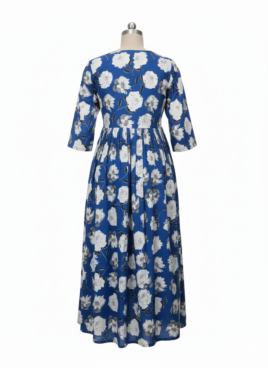 Royal Blue Floral Printed Anarkali Kurti with Embroidered Yoke – Cotton Flared Long Kurta for Women