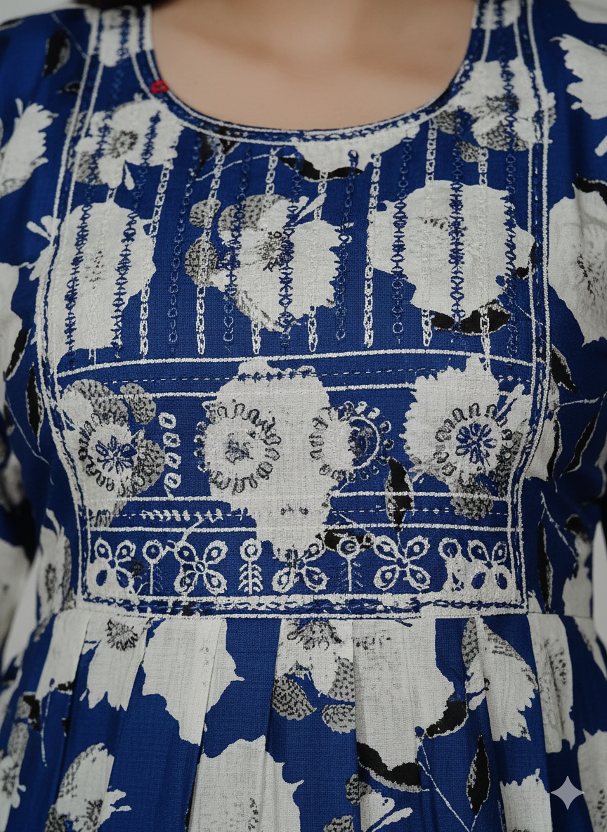 Royal Blue Floral Printed Anarkali Kurti with Embroidered Yoke – Cotton Flared Long Kurta for Women