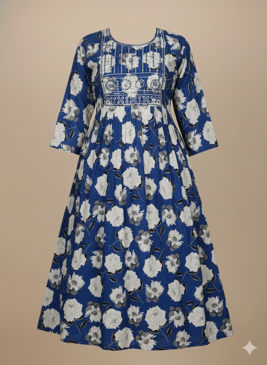 Royal Blue Floral Printed Anarkali Kurti with Embroidered Yoke – Cotton Flared Long Kurta for Women