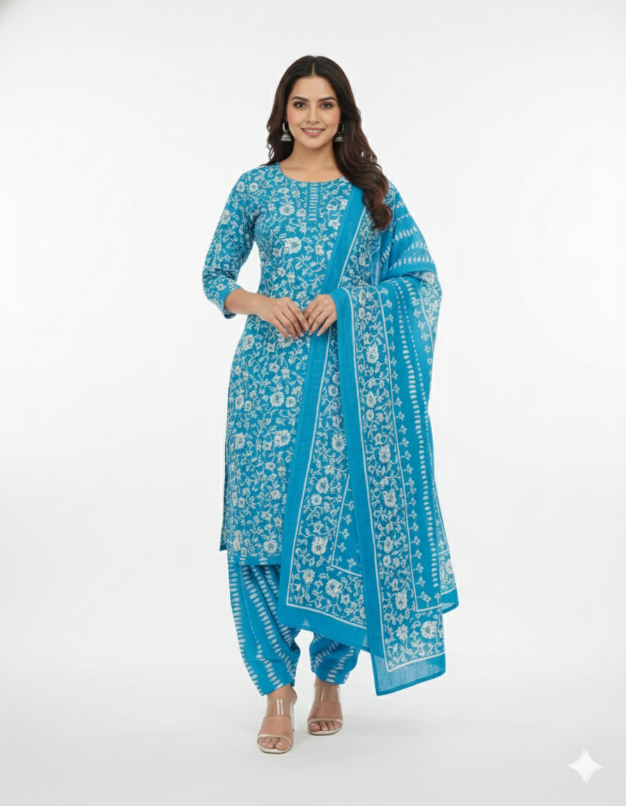 Blue Floral Printed Cotton 3-Piece Suit Set for Women – Kurta, Patiala Pants & Dupatta