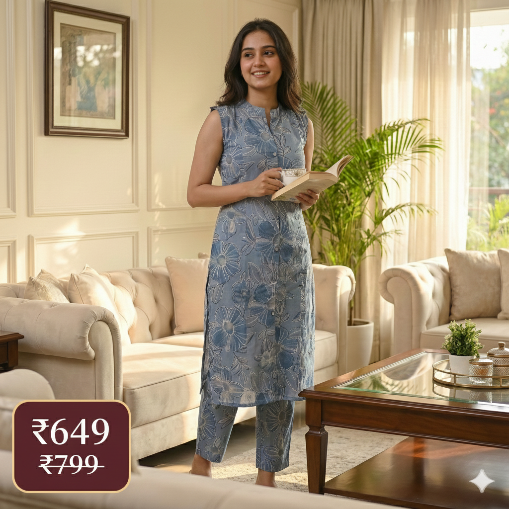 Blue Floral Cotton Sleeveless Co-ord Set for Women | Kurta & Pant Set with Attached 3/4 Sleeves