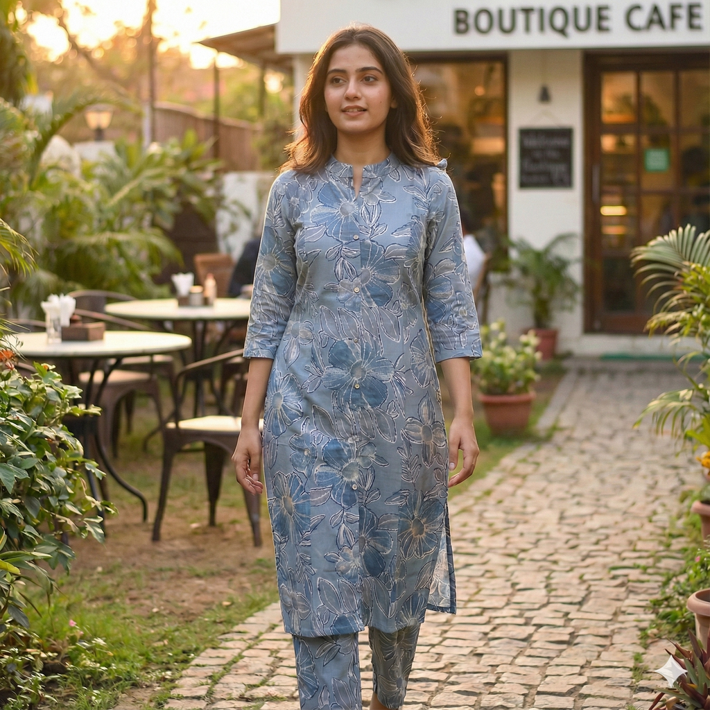 Blue Floral Cotton Sleeveless Co-ord Set for Women | Kurta & Pant Set with Attached 3/4 Sleeves