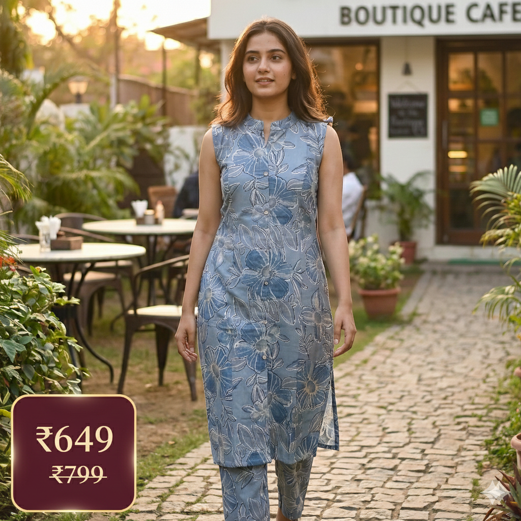 Blue Floral Cotton Sleeveless Co-ord Set for Women | Kurta & Pant Set with Attached 3/4 Sleeves
