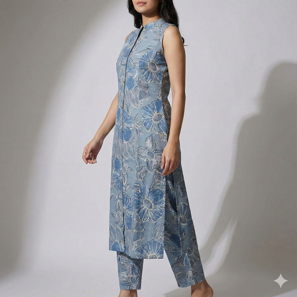 Blue Floral Cotton Sleeveless Co-ord Set for Women | Kurta & Pant Set with Attached 3/4 Sleeves