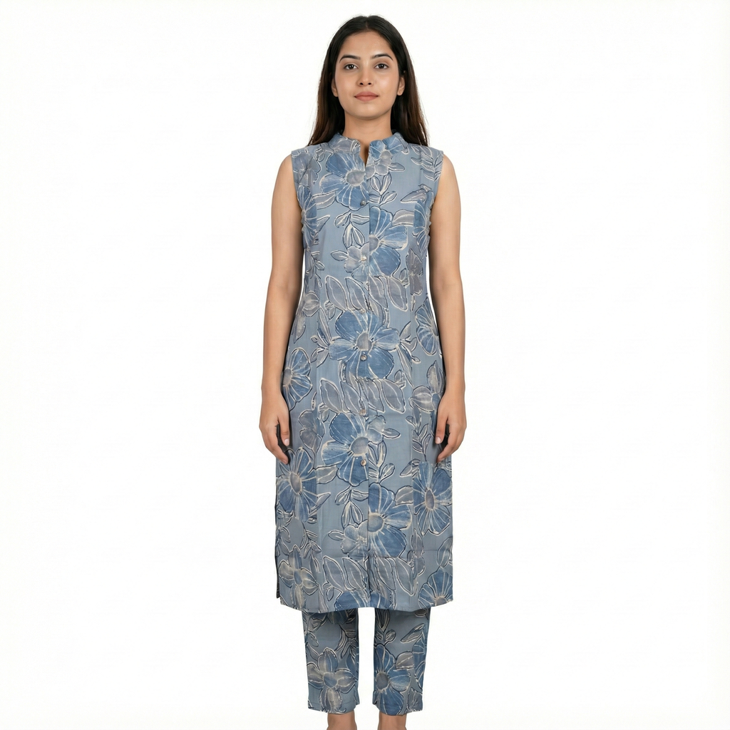 Blue Floral Cotton Sleeveless Co-ord Set for Women | Kurta & Pant Set with Attached 3/4 Sleeves