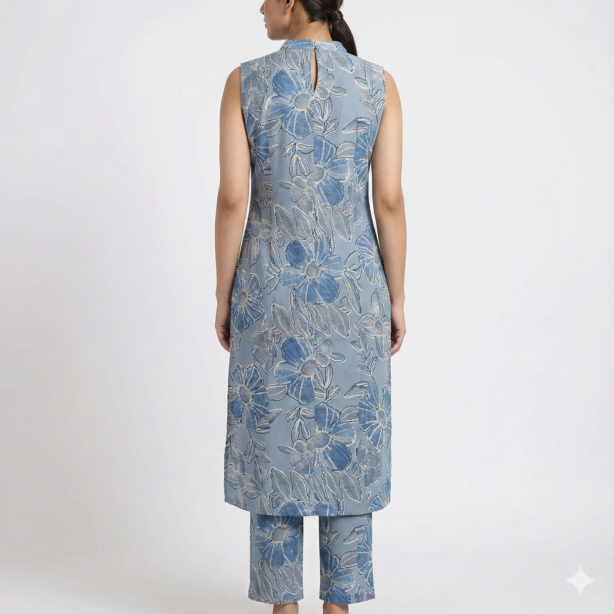 Blue Floral Cotton Sleeveless Co-ord Set for Women | Kurta & Pant Set with Attached 3/4 Sleeves