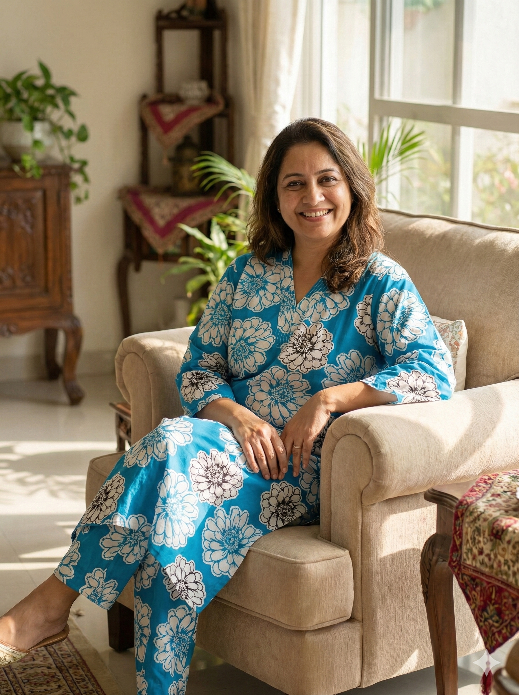 Blue Floral Printed Cotton Kurta & Pant Set for Women – Breezy Summer 2-Piece Co-ord