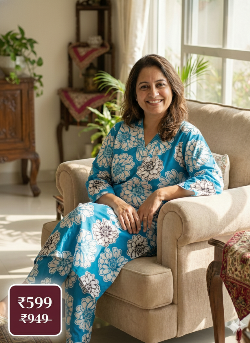 Blue Floral Printed Cotton Kurta & Pant Set for Women – Breezy Summer 2-Piece Co-ord