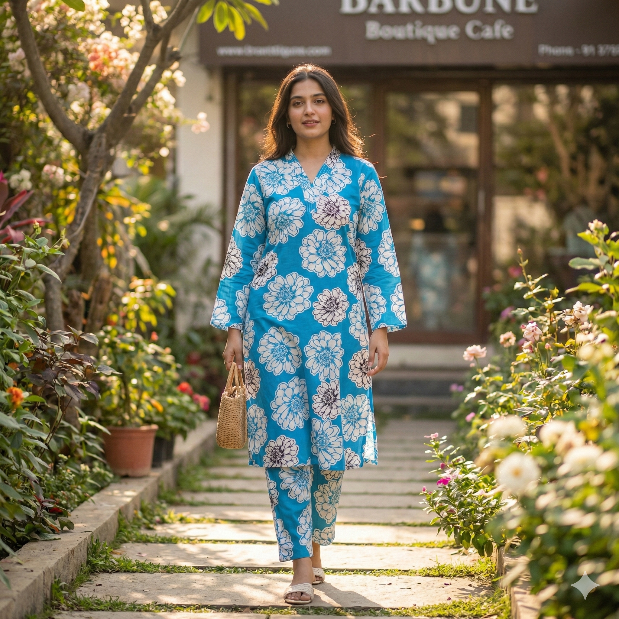 Blue Floral Printed Cotton Kurta & Pant Set for Women – Breezy Summer 2-Piece Co-ord