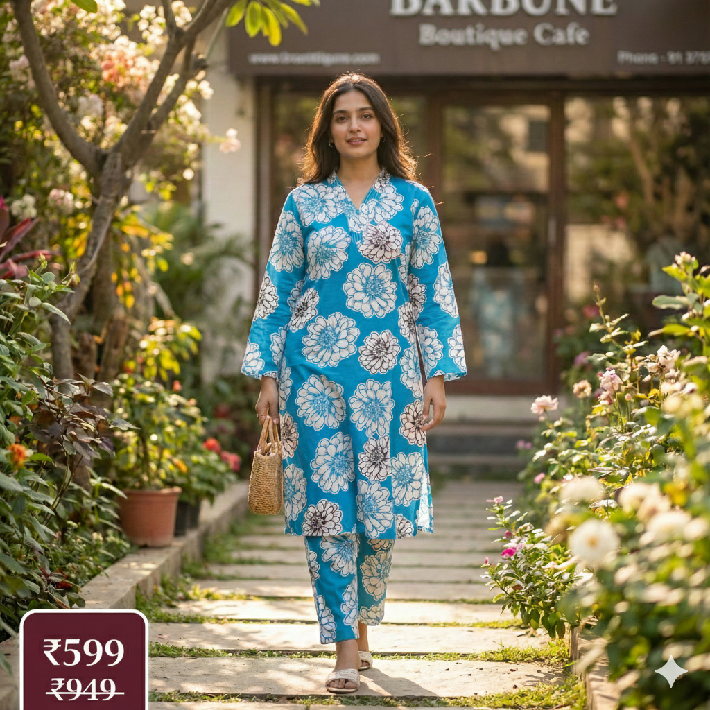 Blue Floral Printed Cotton Kurta & Pant Set for Women – Breezy Summer 2-Piece Co-ord