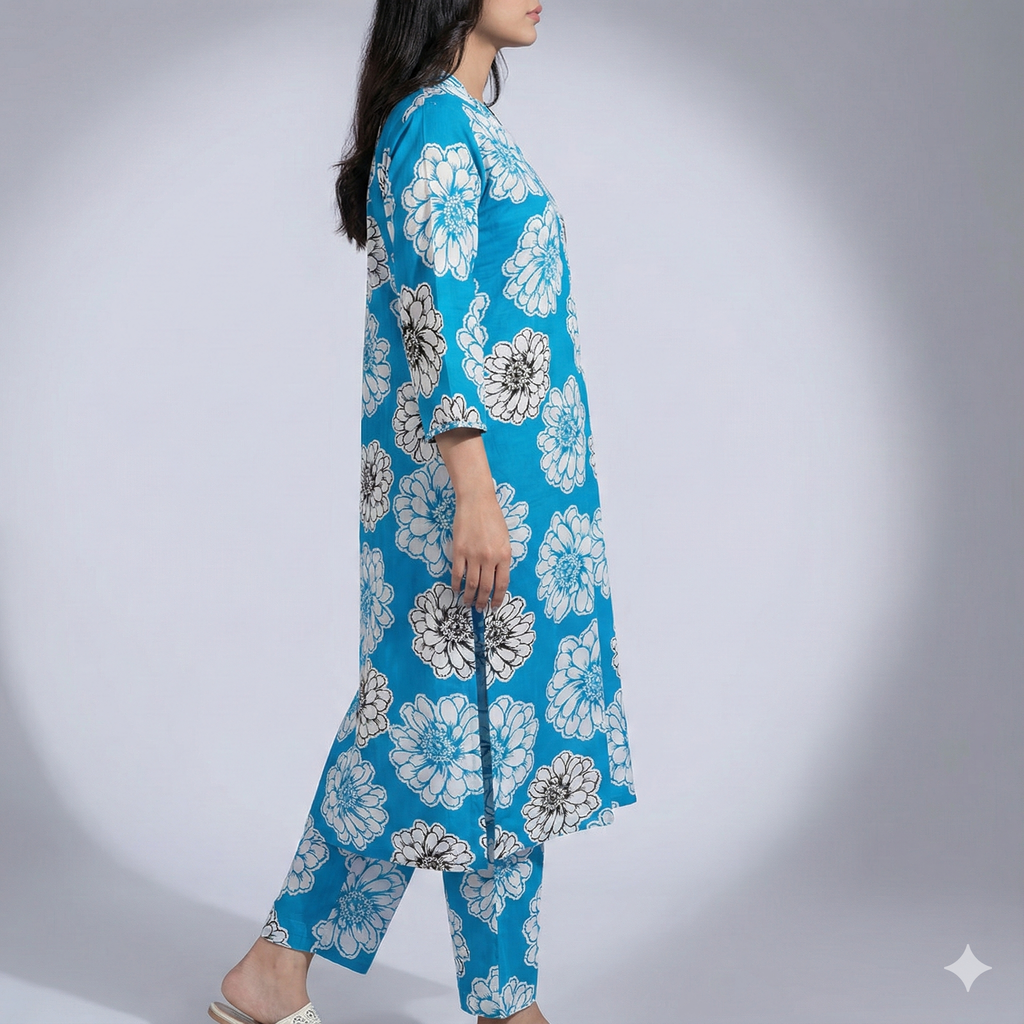 Blue Floral Printed Cotton Kurta & Pant Set for Women – Breezy Summer 2-Piece Co-ord