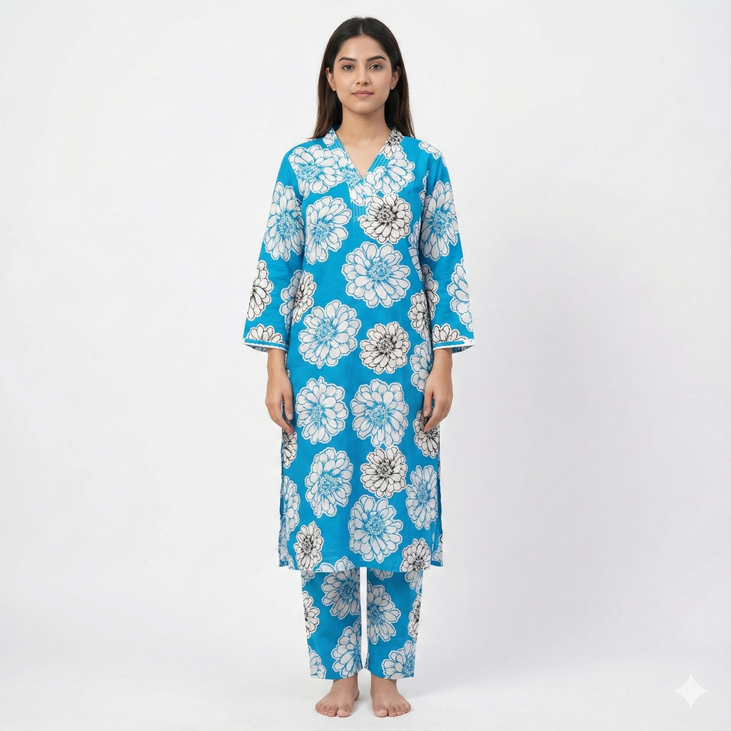 Blue Floral Printed Cotton Kurta & Pant Set for Women – Breezy Summer 2-Piece Co-ord