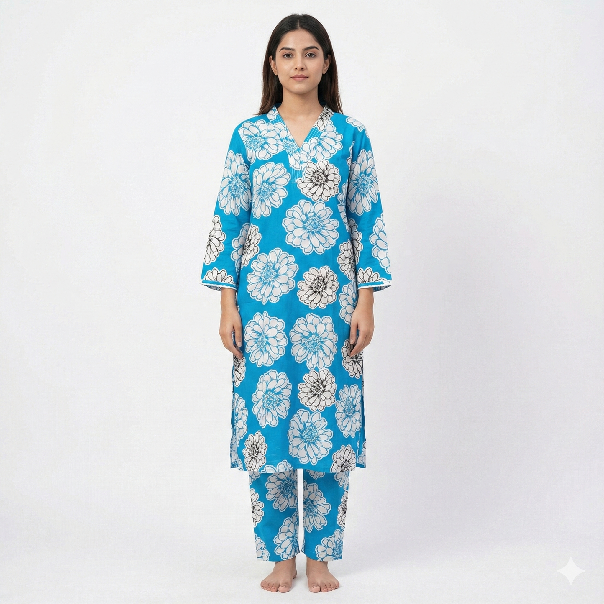Blue Floral Printed Cotton Kurta & Pant Set for Women – Breezy Summer 2-Piece Co-ord