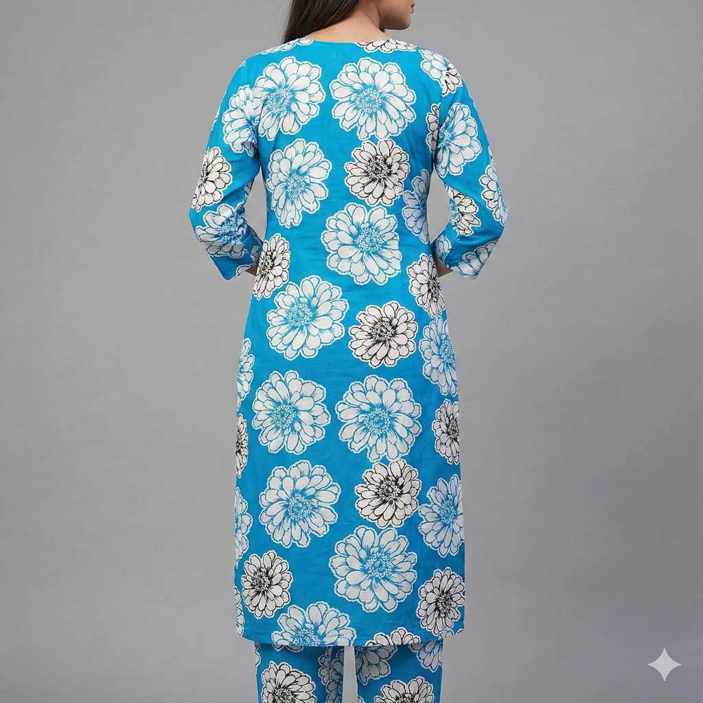 Blue Floral Printed Cotton Kurta & Pant Set for Women – Breezy Summer 2-Piece Co-ord